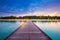 Maldives resort bridge. Beautiful landscape with palms and blue lagoon