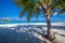 Maldives resort bridge. Tropical island with sandy beach, palm trees and tourquise clear water.