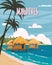 Maldives tropical resort poster vintage. Beach coast traditional huts, palms, ocean. Retro style illustration vector
