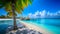 Maldives. View of the beach with palm trees and hammocks