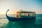 Maldives wooden boat, Dhoni sunset seascape, calm sea