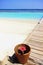 Maldivian Water Bucket with Red Tropical Flower and Pacific Ocean in the Background.