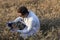 Male agronomist biologist, plant researcher farmer, Genetic scientist, Checks the growth of wheat sunrises and harvest, Cultural