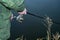 Male angler catches on a spinning fish in cold water in the offseason.