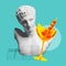 Male antique statue bust and sweet and sour cocktail over pastel blue background. Contemporary art collage.