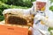 Male apiarist holding honeycomb frame on beehive