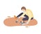 Male Archaeologist Sitting on Ground and Sweeping Dirt from Stones Using Brush, Paleontology Scientist Character Working