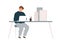 Male architect designer work on laptop with mini building models on table vector flat illustration. Man develop