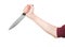 Male arm holding big large sharp kitchen knife in threatening position on wide white background