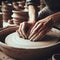 Male artisan hands shaping clay on a potter's wheel, surrounded by pottery pieces.