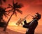 Male artist playing saxophone with a beach and a palm on sunset