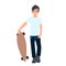 Male Asian college student standing with longboard. Young man skateboarder.