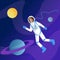 Male astronaut in outer space illustration. Interstellar traveler, cosmonaut in spacesuit floating in cosmos cartoon