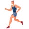 Male athlete in a blue tank top and blue shorts runs fast and tries to win the competition, hope, victory, tenacity