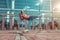 Male athlete dancing break dance, flying in jump, tanned sports and trained torso. Background glass windows ofa building