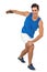 Male athlete playing discus throw on white background