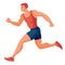 Male athlete in a red tank top and blue shorts runs fast and tries to win the competition, hope, victory, prize, success