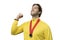 Male athlete smiling after winning a gold medal in a white background