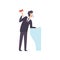 Male Auctioneer with Gavel Standing Behind Special Stand and Announcing Price Vector Illustration