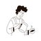 Male barista prepares and serves cappuccino. Coffee time and take away concept. Cartoon man preparing and serving types