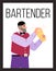 Male bartender mixing drinks in Boston shaker, poster template with text, flat vector illustration.