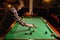 Male billiard player places balls, poolroom