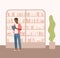 Male black skin holding book near bookcase at public library vector flat illustration. Colorful guy reading textbook