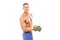 Male bodybuilder holding a broccoli dumbbell