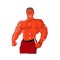 Male bodybuilder of orange style, strong muscles, cartoon on white background.