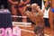 Male bodybuilder shows his best back double biceps pose