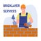 A male bricklayer worker in uniform is building a wall. Bricklayer services. Vector concept. Illustration in flat