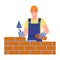 A male bricklayer worker in uniform is building a wall. Bricklayer services. Vector concept. Illustration in flat cartoon style
