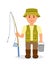 Male with a bucket and a fishing rod fishing. The isolated character of a fisherman in uniform.
