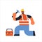 Male builder using hammer and toolbox busy workman industrial construction carpenter worker in uniform building concept