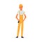 Male Building Worker Character Wearing Hard Hat Helmet and Overalls, Construction Engineer, Repairman, Foreman or