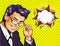 Male business coach or school teacher in glasses with speech bubble pop art comic