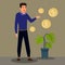 Male business expert is teaching plant investment to generate passive income, concept illustration image