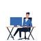 Male businessman character sitting in office behind workplace on computer monitor desk