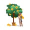 A male businessman stands on the stairs and collects a crop of gold coins from a tree. Business and finance. Cartoon flat style.