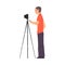 Male Cameraman Shooting with Camera on Tripod, Videographer with Professional Equipment Cartoon Vector Illustration