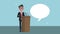 male candidate speaking in podium and speech bubble