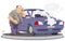 Male in car accident. Broken auto. Illustration for internet and mobile website