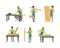 Male carpenters in overalls sawing, grinding and screwing wood planks. Woodworking carpentry service cartoon vector