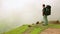 Male caucasian tourist trekking walking at himalayan mountains, Nepal