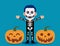 Male celebrate halloween wears skeleton costume. Happy Halloween Day