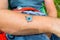 Male Chalkhill blue butterfly Polyommatus coridon on hiker`s hand, up in the Dolomites mountains, at Forcella Marcoira