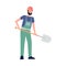 Male character builder or repairman with shovel vector illustration isolated.