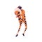 Male character in cute tiger costume hiding behind fluffy tail vector flat illustration. Funny guy in masquerade apparel