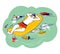 Male Character Floating on Inflatable Mattress in Sea or Ocean Water with Garbage around. Nature Pollution, Man Relaxing