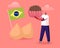 Male Character Holding Huge Brazilian Truffle Candy Brigadeiro with Brazil National Flag and Chicken